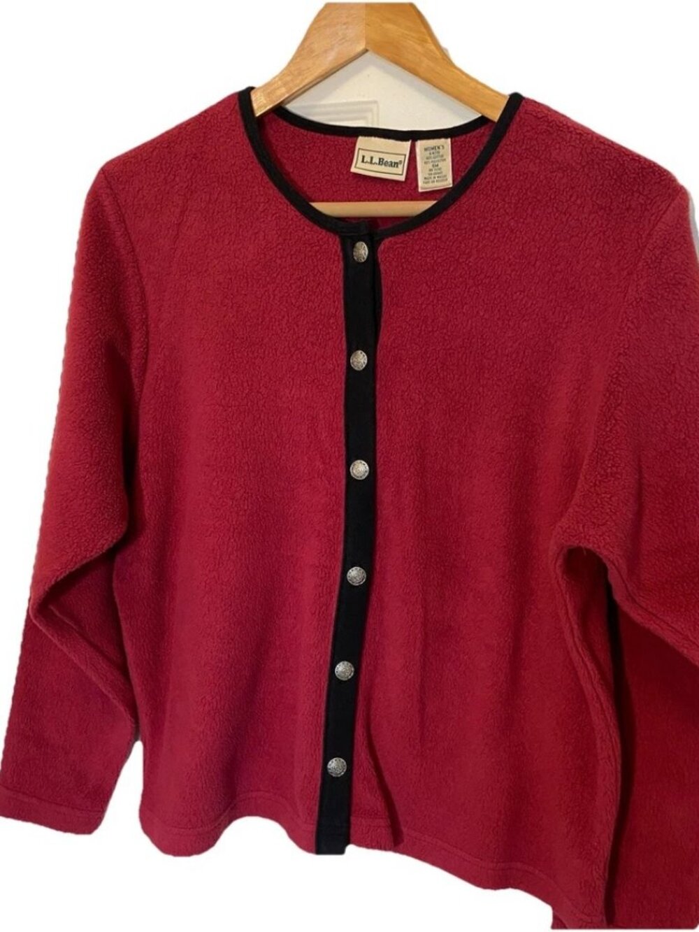 Vtg LL Bean Womens Maroon & Black Button Down Fleece Sweater Sz S Brass Buttons